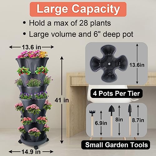 GameXcel Vertical Planter Tower - 7 Tier Stackable Garden Planters with Wheels and Tools Plant Pots for Strawberry Herb Flower and Vegetable Indoor Outdoor Use Dark Gray 2 Pack - Image 4