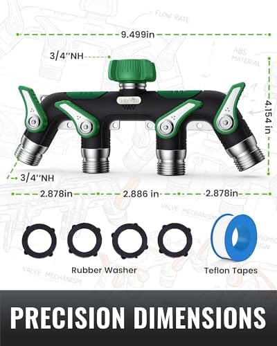 RAINPOINT 4 Way Garden Hose Splitter, 100% Metal Heavy Duty Water Hose Splitter with Individual Shut-Off Valves, 3/4" GHT High Flow Outdoor Faucet Splitter, 1.81" Extra Long Handle (Dark Green) - Image 3