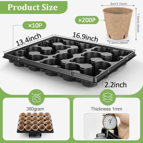 RooTrimmer 3.15 Inch Peat Pots 200 Pcs with 10 Pack 20 Cell Seed Starter Trays, Biodegradable Nursery Pots with Drainage Holes, Reusable Seedling Trays for Vegetable Flower Germination Indoor Outdoor - Image 3