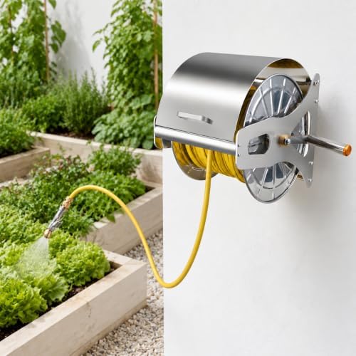 Stainless Steel Water Hose Reel with Crank, Heavy Duty Wall or Floor Mount Organizer, 164 ft Capacity for Yard, Patio, Car Washing and Garden Watering 20m by Unknown