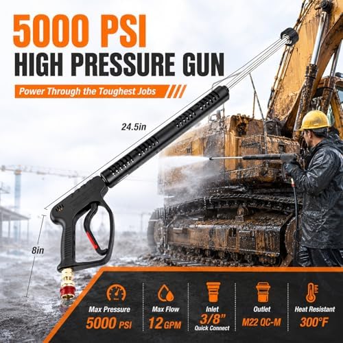 Duraaamo 5000 Psi Hot Water Pressure Washer Gun (up to 300°f) with Vented Lance, 15 Gpm High Pressure Spray Gun, 3/8" Inlet, M22 Outlet, Stainless Steel Lance for Industrial Cleaning - Image 2