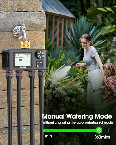 Insoma 4 Zones Sprinkler Timer with Brass Inlet, Water Timer for Garden Hose with Auto/Manual/Rain Delay Mode, Hose Timers for Irrigation Watering System for Yard, Lawn, Plant Watering - Image 3