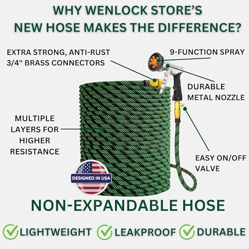 Garden Hose 75 ft, Lightweight, Sturdy Metal Nozzle 9 Spray, Heavy Duty, Leakproof Flexible Water Hose, Durable Multiple Layers, Solid Brass Connectors - Image 2