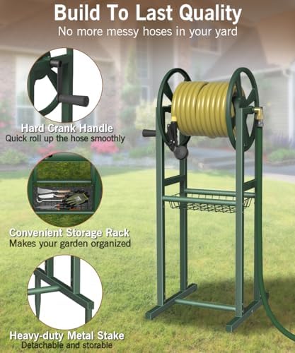 Garbuildman Ground Mount Garden Hose Reel Holds 125 Feet of 5/8-Inch with 3.9 ft Leader Hose, Brass Fitting, Water Hose Holder Stand with Storage Rack & 4 Spikes Base for Outdoor Lawn, Green - Image 3