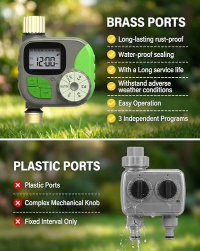 Brass Sprinkler Timer, IP55 Programmable Hose Water Timer with 3 Watering Program, Digital Watering System with Rain Delay & Manual Override, for Garden, Lawn, Yard Care - Green - Image 2