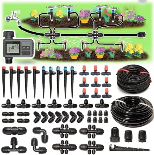 233FT Drip Irrigation System with Timer for Garden Kit Automatic Irrigation Equipment Lock Fittings Micro Drip 360 Degree Fan Sprayer Watering Kit for Greenhouse 1/2 inch 1/4 inch Tubing by Unknown