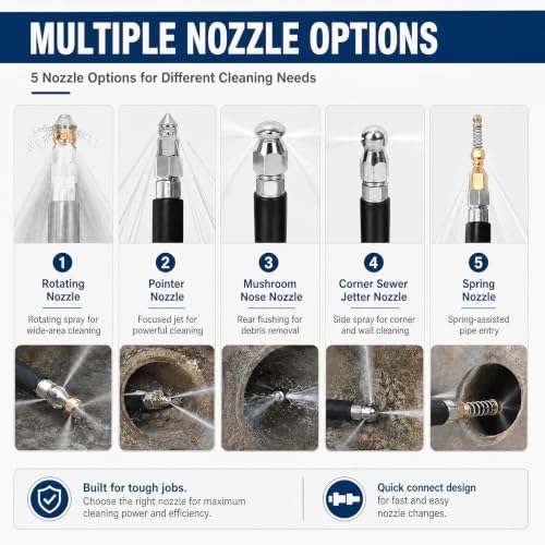 Sewer Jetter Kit for Pressure Washer 200FT, 5800PSI Drain Cleaner Hose 1/4 Inch NPT Corner Rotating and Button Nose Sewer Jetting Nozzle Sewer Jetting Nozzles Kit with Spanner (200FT) - Image 5