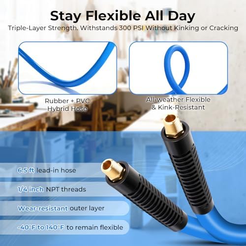 Retractable Air Hose Reel, 3/8" x 100 Ft Hybrid Hose Air Compressor Hose Reel with 6.5 Ft Lead-in Max 300 PSI, Air Hose with Any Length Lock, Automatic Rewind, 180° Swivel Bracket, Quick Coupler - Image 6