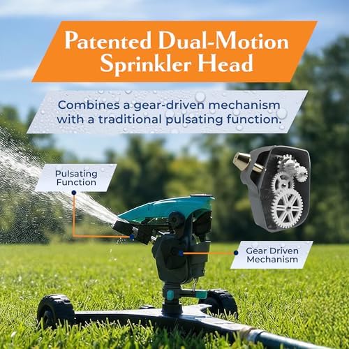 All-new Pulsating Lawn Sprinkler 300011, Impact Sprinkler w/ 70 ft Reach, 360° Range Gear & Pulsating Mechanism, 3,900 sq ft Lawn & Garden Watering, Metal Base w/Wheels, by New England Garden Tools - Image 3