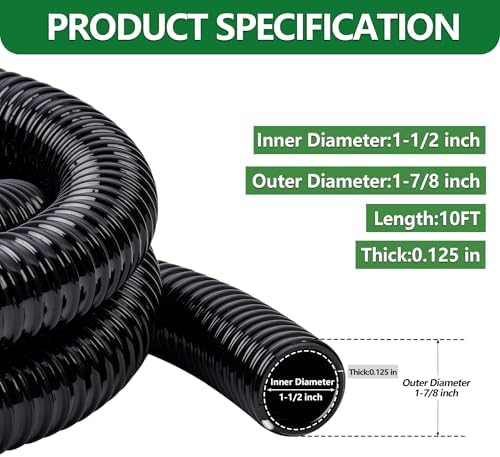 1-1/2" ID Pond Tubing 10ft Black, Reinforced PVC Corrugated Hose - Kink-Proof, Includes 1 Stainless Steel Clamp & 1.5" Barbed x NPT Male Adapter for Ponds, Waterfalls, Pumps, Filters & Drainage - Image 2