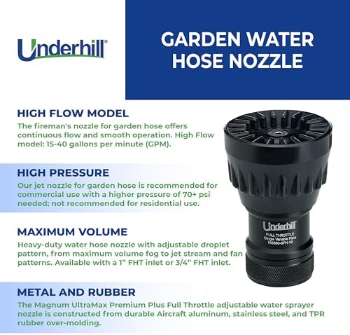Underhill Garden Water Hose Nozzle Sprayer Jet Attachment, Heavy-Duty Metal and Rubber, Adjustable, Magnum UltraMax Premium Plus Series 3/4" High Flow Full Throttle, NG500-SFH-75 - Image 3