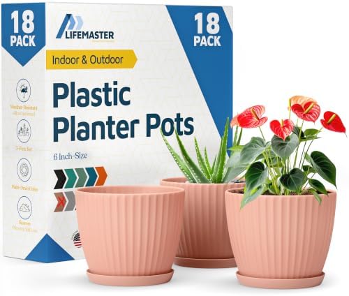 Pink 6-Inch Plant Pots with Drainage & Saucers 18 Pack, Indoor & Outdoor Planters for Houseplants, Herbs, and Flowers, Durable & Weatherproof Material, Stackable, Lightweight, Minimalist Design by LIFEMASTER