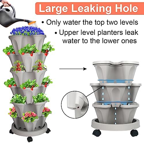 GameXcel Vertical Planter Tower - 6 Tier Stackable Garden Planters with Wheels and Tools Plant Pots for Strawberry Herb Flower and Vegetable Indoor Outdoor Use Gray 2 Pack - Image 3