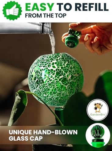 16 Oz 2 pcs Plant Watering Globes for Indoor Plants with Metal Self Watering Planter Insert - Premium XL Glass Hand-Blown Globes - Automatic Plant Waterer Indoor, Gift for Gardeners [Golden & Mosaic] - Image 3