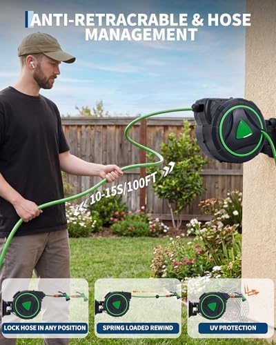 Retractable Garden Hose Reel 100FT, 1/2 Inch Wall Mounted Water Hose Reel with Auto Rewind, 180° Swivel Bracket for Lawn & Garden - Image 2