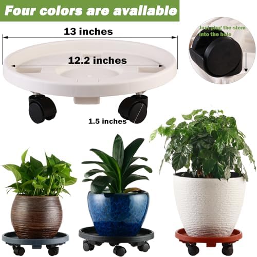 5 Packs Large Plant Caddy with Wheels 13" Rolling Wheeled Plant Stands Heavy-Duty Plastic Flower Pot Roller Base Movers Indoor Outdoor Planter Dolly with Casters Trolley, White - Image 3