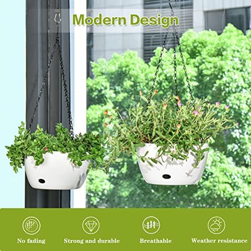 Sungmor Self Watering Hanging Planter for Indoor Plants, 9.4" & 11.2" 2-PACK Large White Plastic Hanging Basket, Garden Flower Pots with Hanging & Standing Design, Thickened Sturdy Drainage Plant Pots - Image 2