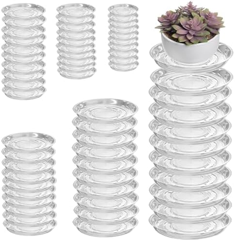 60 Packs Clear Plant Saucers for Indoor Outdoor Use 4/6/8/10/12/14 Inches Heavy Duty Plastic Plant Trays for Planter Bulk Flower Pot Drip Trays to Catch Water, Round Transparent by Planterhoma