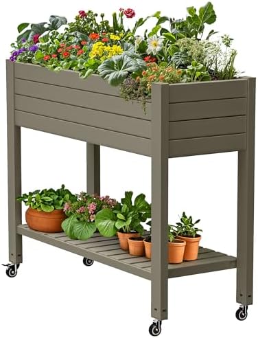 DWVO Raised Garden Bed Kit, 3.6 x 1.5 x 2.8 FT Outdoor Plastic Planter Box with Wheels and Legs, Garden Box with Drain Plug & Storage Shelf for Planting Vegetables, Flowers, and Herbs, Light Brown - Image 7