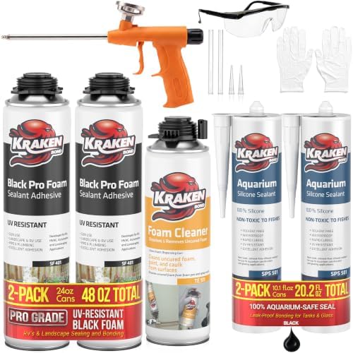 Kraken Bond Black Spray Waterfall Foam Sealant 2x24 oz & Aquarium Silicone Sealant 2x10.1 fl. oz – Bundle for Vivarium, Terrarium, Fountain & Aquascape Background, Foam Gun and Cleaner Included by KRAKENBOND
