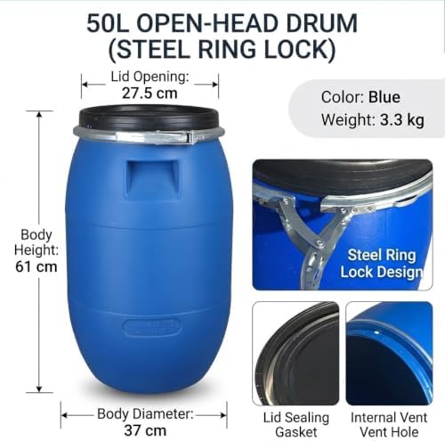 Food Grade Plastic Drum Shipping Barrels Air Tight Water Barrel with Lock Ring Rain Water Collection Barrel 30 50 60 65 100 120 160 200L for Garden Basement Fermentation Storage(50L) - Image 2