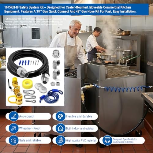 2PACK 1675KIT48 Safety System Kit, 48" Commercial Gas Hose Connector Kit with 3/4" Quick Disconnect, Flexible Gas Line Hose, Gas Valve & Restraining Cable for Moveable Commercial Kitchen Equipment. - Image 4