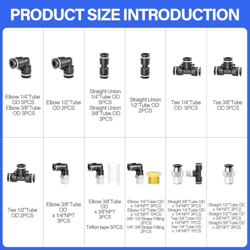 TAILONZ PNEUMATIC Black 1/4" 3/8" 1/2" Push to Connect Fittings, Push-in Fittings Thread Connection Kits Suitable for Nylon, PU Tube etc. (Pack of 66) - Image 2