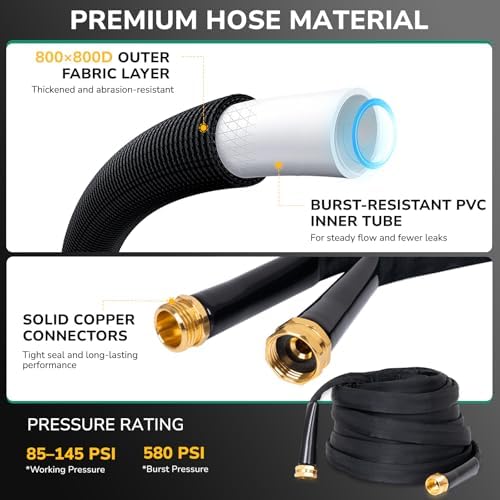 Lightweight Flat Garden Hose 50 FT, 3/4" GHT Flexible Water Hose, Kink Free & Durable 800D Fabric, Portable 50ft Garden Hose for Lawn, Yard, Car Wash - Image 3