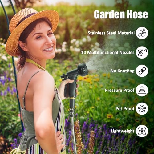 100ft Garden Hose, Heavy Duty Metal Water Hose 100 ft with 10 Function Nozzle, Flexible No-Kink, Pet-Proof & Puncture-Proof Stainless Steel Outdoor Hose for Yard - Image 2