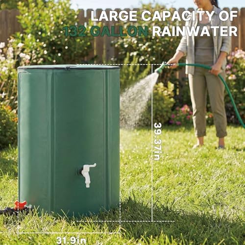 132 Gallon Collapsible Rain Barrel, 500L Rainwater Collection Barrel with Spigot, Overflow Outlet and Mesh Cover, Foldable Water Storage Tank for Gutter Downspout, Garden Irrigation - Image 2