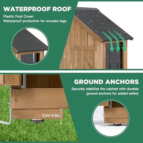 Ketive Outdoor Storage Cabinet, Wood & Metal Storage Shed with Weather-Resistant Roof, Adjustable Shelf, Lockable Doors & Adjustable Feet, for Garden, Patio, Backyard, 27.5" x 13" x 67" - Image 4