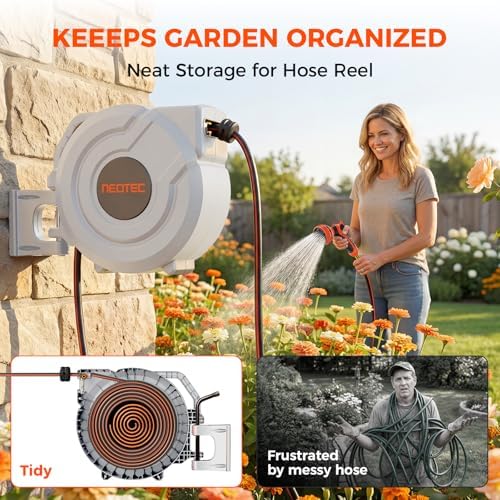 NEO-TEC 100ft 5/8 Inch Retractable Garden Hose Reel with Any-Length Lock Slow Auto Rewind Heavy Duty Hose Reel With 9-Pattern Nozzle 180° Swivel Bracket UV Resistant Wall Mounted Hose Reel for Outside - Image 3
