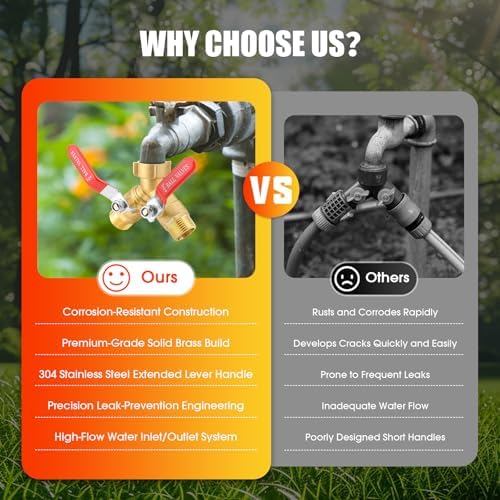 Hose Splitter 2 Way Heavy Duty, 3/4 Inch GHT Thread Y Valve Connector with Stainless Steel Long Handle, Full Flow Garden Brass Hose Splitter for Outdoor Watering, Irrigation, Washing - Image 6