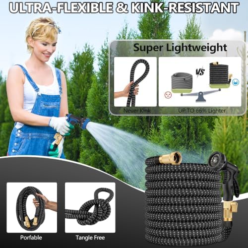 50 ft Expandable Garden Hose - All New 2026 Retractable Water Hose with 3/4" Solid Brass Fittings, Extra Strength Fabric - Flexible Expanding Hose with 10 Pattern Spray Nozzle - Image 4