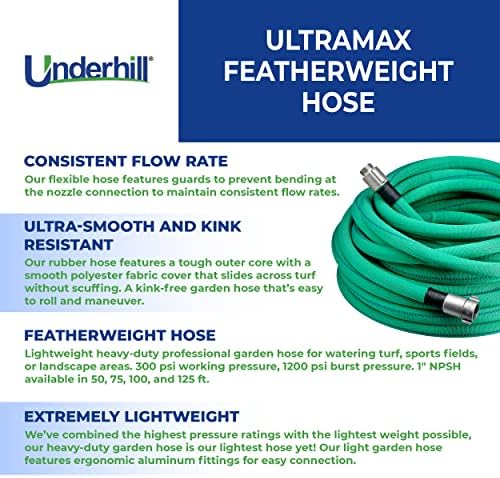 Underhill UltraMax Featherweight Lightweight Garden Water Hose 50 ft, Anti-Kink, 300 psi WP, 1200 psi BP, H10-075FW, 1 Inch x 75 ft NPSH, Green - Image 3