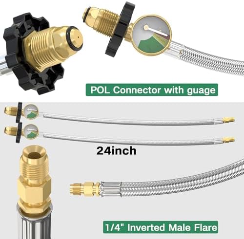 2 Packs RV Propane Pigtail Hoses, 24 Inch Stainless Steel Braided Camper Tank Hose with Gauge,Rv lp Gas Hoses Connector for Standard Two-Stage Regulator, 5-100lb,1/4" inverted male flare/POL Fitting - Image 2
