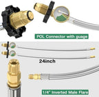 2 Packs RV Propane Pigtail Hoses, 24 Inch Stainless Steel Braided Camper Tank Hose with Gauge,Rv lp Gas Hoses Connector for Standard Two-Stage Regulator, 5-100lb,1/4" inverted male flare/POL Fitting - Image 2