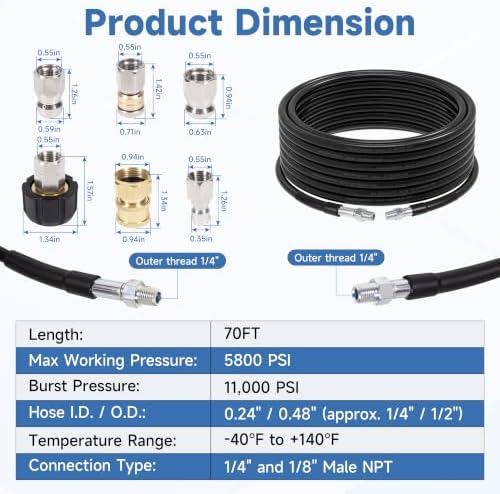 70FT Sewer Jetter Kit for Pressure Washer, 5800PSI, 1/4 Inch NPT Drain Cleaner Hose Sewer Jetting with Rotating Corner Button Nose Nozzle for Pipe Cleaning - Image 2