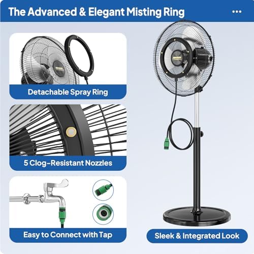 ROVSUN 18" Outdoor Pedestal Misting Fan, 4-Speed High Velocity Patio Mister Fan with BLDC Motor & Spray Ring, Oscillating Waterproof Heavy Duty Standing Mist Fan for Outside Cooling, UL Listed - Image 2