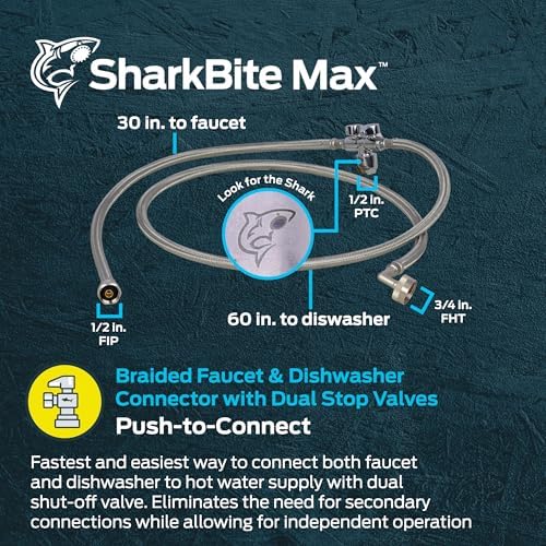 SharkBite Max 30 In. Faucet Hose and 60 In. Dishwasher Connector with Dual Shut-Off Valve, 1/2 Inch PTC x 1/2 Inch FIP x 3/4 Inch FHT, PEX Pipe, Copper, CPVC, PE-RT, UR26039 - Image 2