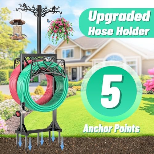 Garden Hose Holder for Outside,Water Hose Holders with 2 Bird Statue Shepherds Hooks & 5 Spikes,Double-Sided Freestanding Hose Stand Heavy Duty Hose Storage Rack for Outdoor Yard Lawn Farm - Image 5