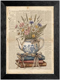 Framed Canvas Wall Art Vintage Teapot and Wildflowers Earthy Sepia Watercolor Book Page Canvas Print Poster Black Frame Wall Decor for Kitchen Bedroom Cottagecore Art, Rustic Decor - 16x20 Inch by Unknown