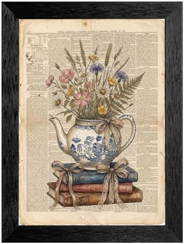 Framed Canvas Wall Art Vintage Teapot and Wildflowers Earthy Sepia Watercolor Book Page Canvas Print Poster Black Frame Wall Decor for Kitchen Bedroom Cottagecore Art, Rustic Decor - 16x20 Inch by Unknown