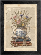 Framed Canvas Wall Art Vintage Teapot and Wildflowers Earthy Sepia Watercolor Book Page Canvas Print Poster Black Frame Wall Decor for Kitchen Bedroom Cottagecore Art, Rustic Decor - 24x36 Inch by Unknown