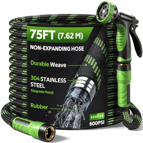 NON-EXPANDABLE Garden Hose 75 FT Water Hose with 10-Function Spray Nozzle by HEYRSUN