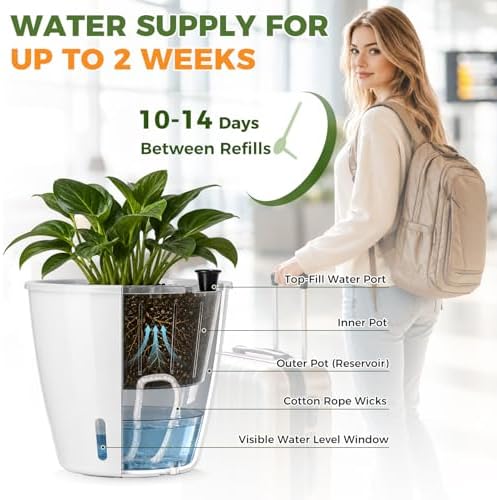 Upgraded Self Watering Pots for Indoor Plants, 8-Pack 5/6.7 Inch Top-Fill Self Watering Planter with Water Window, Clear Wick Inner Basket with Drainage, White (5 Pcs 5" and 3 Pcs 6.7") - Image 4
