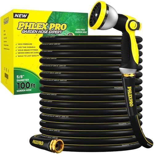 100 FT Heavy Duty Garden Hose, 5/8 in Rubber Water Hose by PHLEXPROGardenToolsStandsForFlexibilityDurabilityAvailability
