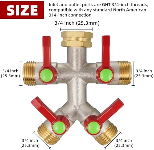 Hose Splitter 4 Way, Brass High Flow Garden Hose Splitter Heavy Duty, Hose Connector, Water Spigot Splitter, Full Flow Faucet Splitters with Shutoff, 3/4” GHT Inlet - Image 3
