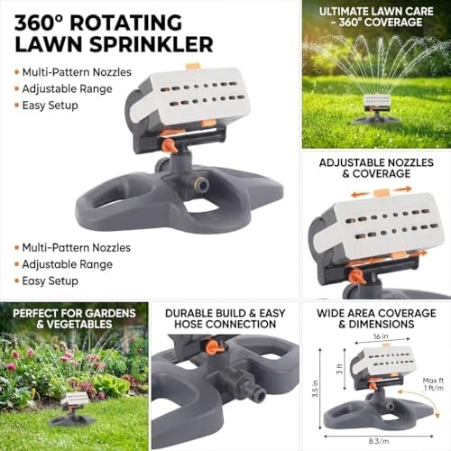 360° Sprinkler for Yard, Lawn Garden Watering, Automatic System Covers135m2 ft Hose Connection(10M) - Image 4