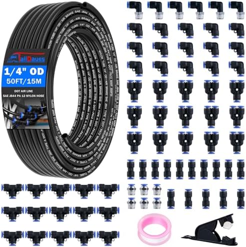1/4" Air Line Tubing Kit, 50 FT(15M) DOT Air Line PA Nylon Tubing with Push to Connect Fittings, 1/4 Inch OD Quick Connect Air Hose Kit for Compressor Accessories System (75 Pcs) by Taiidaues
